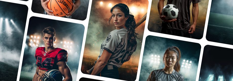 Collage of athletes with sports photography backdrops